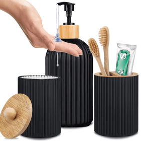 Elegant Bathroom Organizer Set - Soap Dispenser, Cotton Swab Holder, Toothbrush Stand, Countertop Storage Box for Home Decor (Color: Black)
