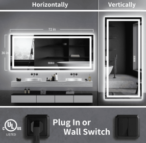 This tempered glass bathroom mirror with anti-fog and anti-break features offers a rectangular frame for wall-mounted use. Featuring a metal fram (S1R12176UL48"x30": S1R18191UL72"x36")