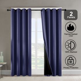 Polyester Grommets Thermal Insulated with Coated Lining 52 in. W x 84 in. L Indoor Blackout Curtains (Set of 2) (Color: Dark Blue)