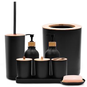 9Pcs Bathroom Accessories Set Trash Can Lotion Soap Dispensers Q-tip Holders Toothbrush Holder Soap Dish Vanity Tray Toilet Brush Black White (Color: Black)