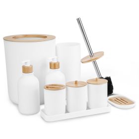 9Pcs Bathroom Accessories Set Trash Can Lotion Soap Dispensers Q-tip Holders Toothbrush Holder Soap Dish Vanity Tray Toilet Brush Black White (Color: White)